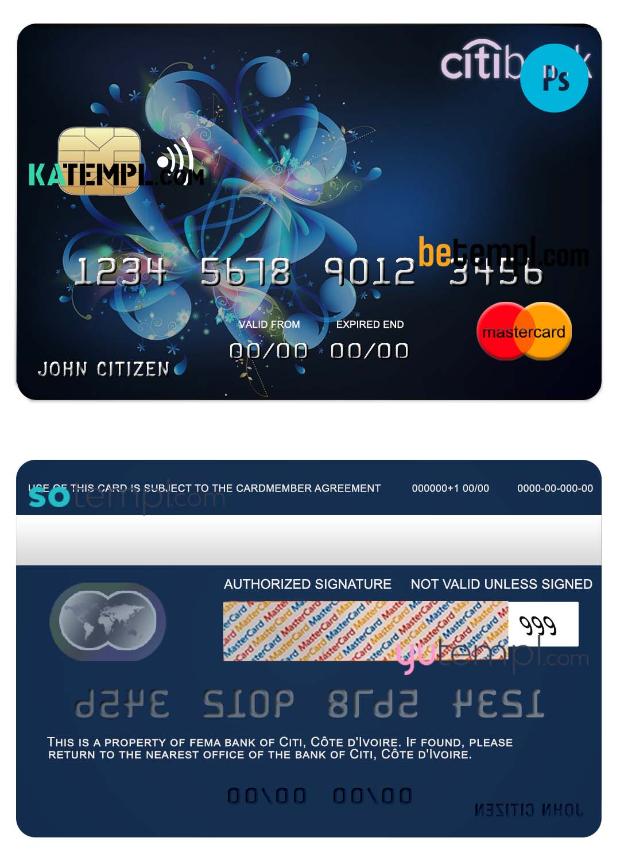 Côte d’Ivoire Citi bank mastercard credit card template in PSD format, fully editable